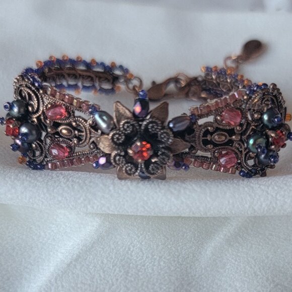 SATELLITE PARIS VINTAGE HIGHLY DETAILED CUFF COPPER BRACELET W/CRYSTALS & PEARLS - Picture 4 of 9